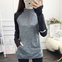 Large size fitness quick-drying long-sleeved T-shirt Spring and Autumn Outdoor Sports Running Stretch Slimming Sweat Sucking Stand Collar Pocket Sweat