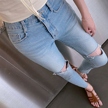 Korean ripped jeans womens 2021 spring and summer new 89 points small man high waist tight skinny pants