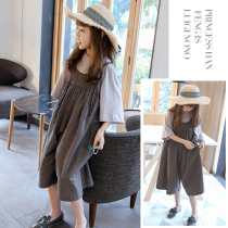 Girls Strap Pants Summer Dress 2021 New Female Childrens foreign style summer plaid loose Capri pants straight wide leg pants