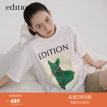 Qi Wei Tongan edition white t-shirt woman in spring and autumn with kitty printed pure cotton short sleeve blouse
