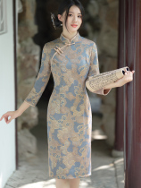 Improved new flagrobe temperament in the long knee dress spring seven-point sleeve retro Chinese wind is thin and large