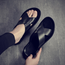 European Station Network Red Burst Genuine Leather outside wearing cool Drag Guys Superfire High Street Head Bull Leather Soft Bottom Slippers Mens Summer