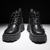 Martin Boots Mens Spring and Autumn Mid-Gang British Wind High Leather Shoes Black Elevated Locomotive Toilwear Leather Boots Autumn and Winter Mens Shoes