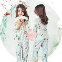 Summer cotton silk Childrens girls pajamas Long sleeve thin Princess girl medium and large childrens cotton air conditioning home suit set