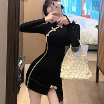 Black modified cheongsam knitted dress 2021 autumn and winter New slim body slim inboard temperament sweater skirt