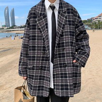  Casual suit Mens spring and autumn Korean version of the trend Ruffian handsome plaid small suit loose single western dress top jacket