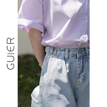 GUIERhigh waist denim shorts womens summer thin section 2021 new loose straight tube wide leg pants women