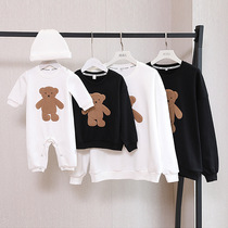 A family of three or four autumn and winter clothes plus velvet 2021 New boomer baby jumpsuit bear mother foreign gas