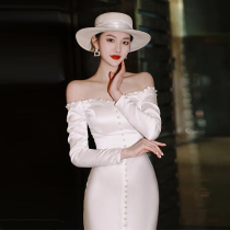 French word shoulder light wedding dress 2021 new temperament fish tail thin simple satin bridal wedding banquet dress