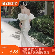 Satin word shoulder wedding dress summer bride wedding ceremony yarn lawn wedding travel white simple fishtail dress