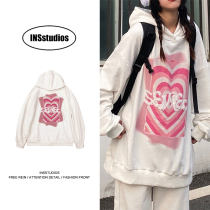 INSstudios Tide Brand ins Graffiti Love Sweatshirt Retro Street Loose Cotton Plus Velvet Hoodie Men and Women