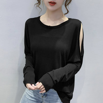 Loose ice silk T-shirt women long sleeve 2021 autumn new sunscreen sexy knit foreign style thin off-shoulder top