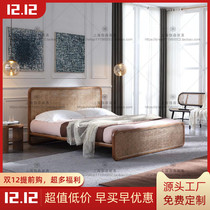 Nordic solid wood double rattan bed simple modern hollow rattan bed homestay small apartment bedroom rattan wedding bed