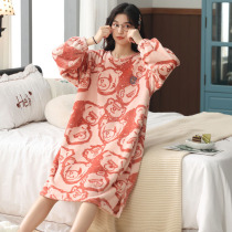 Coral velvet nightdress womens autumn and winter long pajamas thickened plus velvet spring and autumn cartoon cute home clothes 2021 New