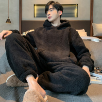 Coral fleece mens pajamas winter thickened plus fleece warm winter teen solid color homewear set autumn and winter