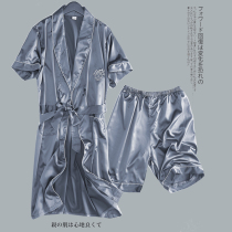 Mens pajamas nightgown Mens summer ice silk thin section simulation silk spring and summer short sleeve spring and autumn bathrobe Yukata medium and long section