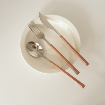 See things like noodles ins net red Korean retro imitation wood grain handle stainless steel knife fork spoon western steak knife fork