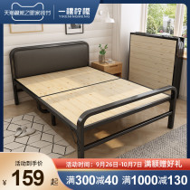 Folding bed single bed solid wood 1 m household bed simple and strong double 1 2 m iron bed rental room hard bed