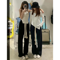 Black drawstring wide leg pants womens spring and autumn summer loose straight tube high street ins tide Harajuku wind lazy mop sweatpants