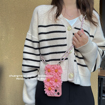 Pink flower inclined satchel suitable for opporeno7 mobile phone shell reno6 protective sleeve reno silicone gel soft reno5 removable with hanging rope with reno7pro personality r1