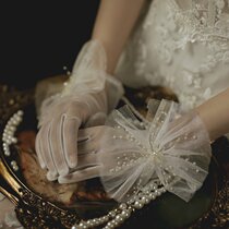 Vintage lolita lace bow white gloves female bride short wedding dress accessories pearl