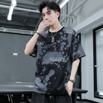 Short-sleeved T-shirt mens summer trend splashing ink ice silk breathable quick-drying fat fat fat plus size half sleeve oversized clothes