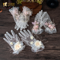 Bride wedding short lace silk yarn flower mesh gloves spring summer wedding photo gloves accessories honey Yao