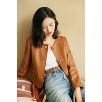 Affinity luxury grade Spain imported lambskin round neck small box type leather jacket for women N2413-C9