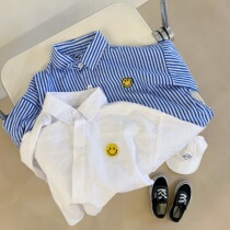 Childrens Korean family smiley face blue striped shirt 2022 new male and female baby spring and autumn cash yoyo minimalist jersey