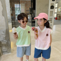 Childrens vest Summer checkered in children Han version V neckline headshirt woman baby boy clothing knitted casual T-shirt