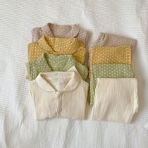 Childrens pajamas spring and autumn simple cotton gauze polo point two-piece male and female baby long sleeve home clothing set