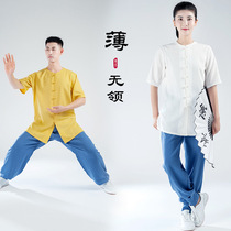 Summer tai chi suit men and women collarless short-sleeved thin cotton hemp martial arts performance morning exercise Chen Ying Tai Chi Chuan practice suit Tang suit