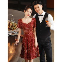 Banquet evening dress Womens summer light luxury niche high-end texture short host dress sequined red dress