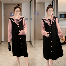 Pregnant women autumn dress long sleeve Autumn Tide mother long dress out fashion fake two Net red skirt top suit