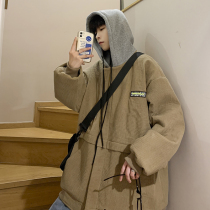 Woolen coat mens autumn and winter short Korean version of loose jacket jacket ins tide retro mosaic hooded woolen trench coat