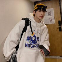 Loose sweater mens spring and Autumn fashion brand handsome hooded jacket Hong Kong fashion trend flow snow Mountain printing large size net infrared cover