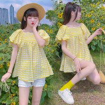 Maternity dress summer suit Small fresh doll shirt top womens skirt belly cover womens high-end sense net red dress summer