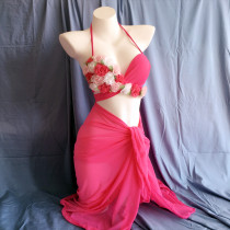 Exclusive custom chiffon flower swimsuit women bikini three-piece small chest steel support super gathered beach hot spring chest pad