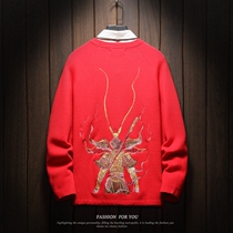 Spring and Autumn Mens Chinese Style Sweater Embroidery Monkey King Size Loose Knitted Sweater Clothes Tide Brand Mens Youth Top