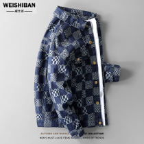 Premium sense of personality jacquard denim jacket mens autumn and winter couples men and women loose checkerboard plaid casual jacket tide