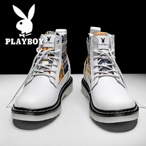 Playboy Martin Boots Mens Spring and Autumn High Gang Net Red ins Tide Boots Mens Leather White British Medium Gang