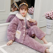 Childrens pajamas female padded velvet flannel girl boy baby pajamas coral velvet set long sleeve autumn and winter