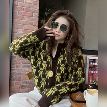 Green Knitted Cardigan Sweater Jacket Women Winter Retro Lazy Wind 2021 New niche Advanced Sense base shirt