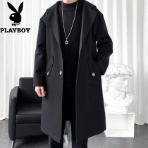 Playboy mens windbreaker in the long spring and autumn Korean version of Chaogang style style handsome coat Youth Hooded Jacket