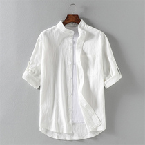 Short-sleeved shirt Mens summer thin Chinese style linen casual shirt loose large size tide brand cotton linen white inch shirt