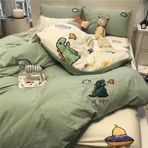 A version of washed cotton embroidery B version of pure cotton twill ins green fire-breathing dinosaur dragon bed four-piece set pure cotton