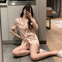 2021 new ice silk pajamas womens summer sexy shorts short-sleeved womens silk cardigan heart-shaped sweet home service