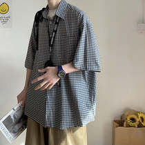 Short Sleeve Plaid Shirt Male Port Wind Loose Casual Lining Summer Thin American Vintage 100 Hitch Student Coat Tide