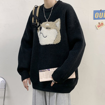 Pullover sweater mens autumn and winter Tide brand puppy flocking round neck sweater Korean trend couple sweater sweater coat