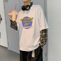 2021 spring sweater mens Korean version of the trend ins loose long-sleeved t-shirt fake two casual handsome bf top clothes